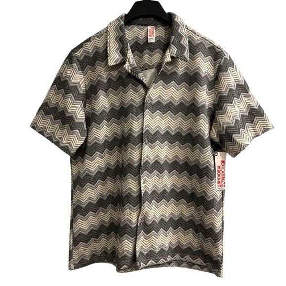 Fleece Factory Shirt Mens XL Gray Multi Zig Zag Striped Button Down Short Sleeve - Picture 1 of 9